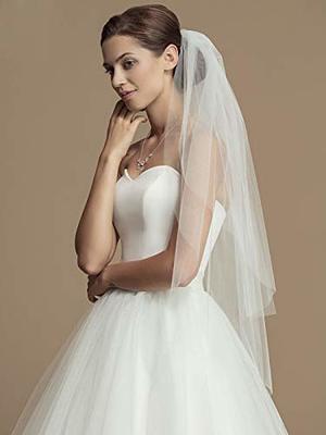 Ursumy Bride Wedding Lace Veil Short Waist Veils 2 Tier Soft Tulle Veil  Bridal Veils with Comb (Ivory)