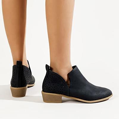  Women Low Heel Ankle Booties Slip On Vegan Suede Leather Cut  Out Chunky Block Stacked Peep Toe Ankle Boots Shoes Black