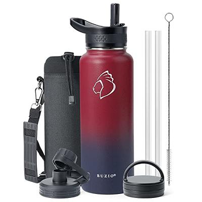 BUZIO 40 oz Stainless Steel Water Bottle Straw Lid (3 lids), Vacuum  Insulated Double Wall Water Bottle Wide Mouth Leak Proof BPA Free Travel  Thermo Keeps Cold or Hot,Ruby Red Navy 