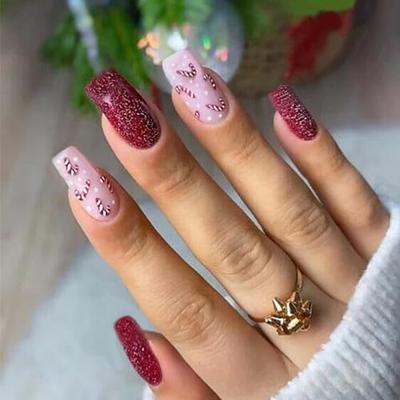 Brown Press on Nails with Designs, Short Fake Nails Coffin False Nails Full  Cover Acrylic Nails Fall Winter Press on Nails Glitter Cute Artificial