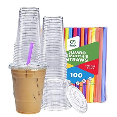 [100 Pack] 20 oz Clear Plastic Cups with Flat Slotted Lids for Iced Cold Drinks Coffee Tea Smoothie Bubble Boba, Disposable, Large Size