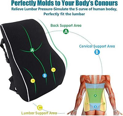 Lumbar Pillow Back Pain Support - Seat Cushion For Car or Office Chair   Memory Foam, Lower Back Pain Relief, Improve Your Posture-Adjustable  Extender Strap, Velvet Grey 