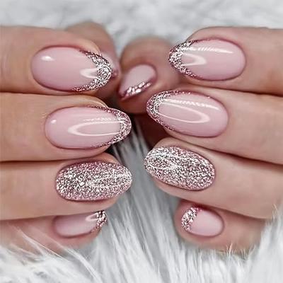 Medium Coffin Nails Press on Glossy Pink White Fake Nails Summer Nail Art  Decorations Full Cover Glitter Rhinestone Acrylic Nails Exquisite Design