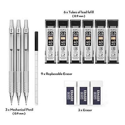  Nicpro Metal 0.9 mm Mechanical Pencils Set with Case, with  3PCS 0.9mm Drafting Pencil, 6 Tubes HB Lead Refills, 3PCS Erasers, Erasers  Refills for Adults, Children, Artist Writing, Drawing, Sketching 