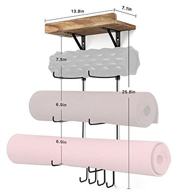 5-Tiers Yoga Mat Holder Wall Mount, Metal Storage Rack for Yoga Mat/Wheels,  Foam Roller and Block etcs, Wall Rack Organizer with 3-Hooks for Hanging