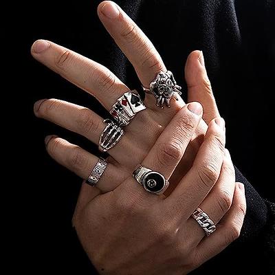CJIAYUJEW 17pcs Adjustable Punk Chain Rings Set, Vintage Knuckle Gothic Rings Set Alloy Biker Obsidian Chain Open Rings, Stackable Hollow Carved