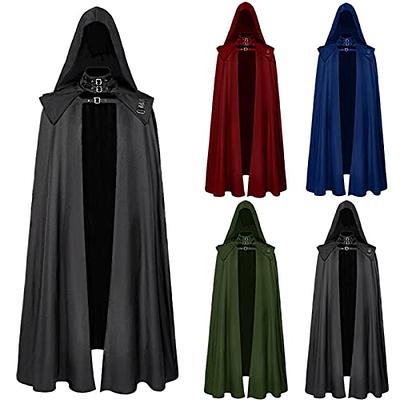 Men Black Long Cloak Hooded Robe Knight Medieval Halloween Cosplay
