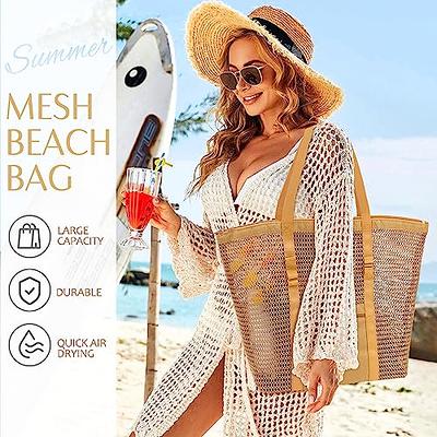 Mesh Beach Bag with Pocket Extra Large Beach Tote Bags Lightweight Foldable  Beach Shoulder Bag Reusable Mesh Carry Tote Tear Resistant Mesh Beach Tote