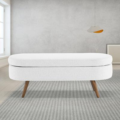 Ottoman Bench with Storage,Linen Fabric Upholstered Bench Bedroom Oval  Storage Bench with Rubber Wood Legs for Living Room Bedroom Entryway,Grey 