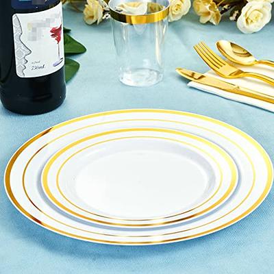 Focus Line 102 Piece Plastic Party Plates White Gold Rim, Disposable Heavy Duty Wedding Plates, 51pcs 10.25 inch Gold Rim Dinner Plates and 51pcs