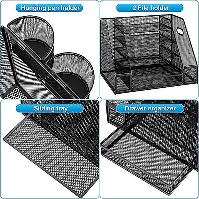Marbrasse 4-Trays Desktop File Organizer with Pen Holder | Paper Letter Tray Drawer and 2 Mesh Office Supplies Desk for Home