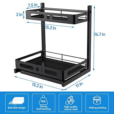 Storagebud 2 Tier Under Kitchen Sink Organizer with Sliding Drawer-Bathroom Cabinet Organizer with Utility Hooks and Side Caddy - 1 Pack - Black