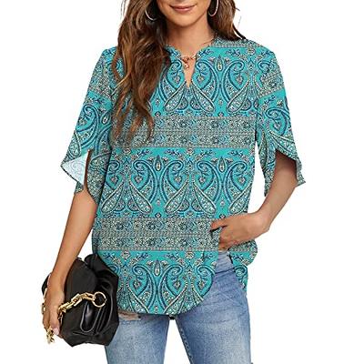 Funlingo Womens Summer 2023 Dressy Chiffon Blouses V Neck 3/4 Ruffle Sleeve  Tunic Tops for Leggings Work Casual Shirts Floral Blue Khaki L - Yahoo  Shopping