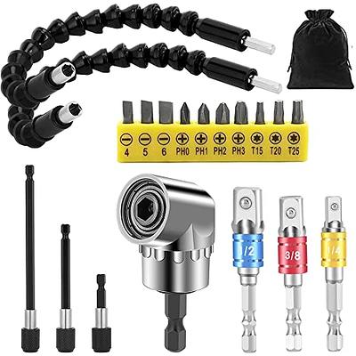 Flexible Drill Bit Extension Set, 105° Right Angle Drill Attachment, 1/4  3/8 1/2 Hex Shank Impact Driver Socket Adapter Rotatable Socket, Bendable Drill  Bit Extension and Screwdriver Bit Kit : : Home Improvement