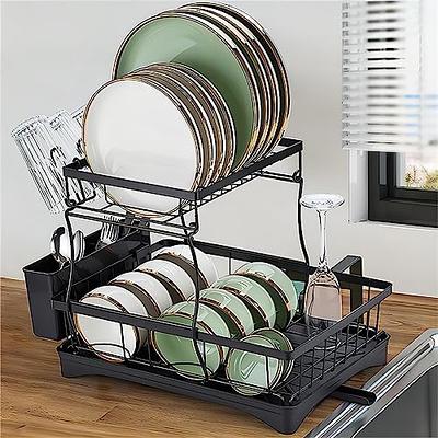  Qienrrae Dish Drying Racks for Kitchen Counter, Stainless  Steel 2 Tier Black Dish Dryer Rack with Drainboard Set, Large Dish Drainers  with Wine Glass & Utensil Holder and Dryer Mat