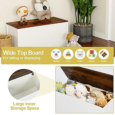 Yofe White Wooden Storage Organizing Kids Toy Box/Bench/Chest with Safety Hinged Lid for Ages 3+ Children