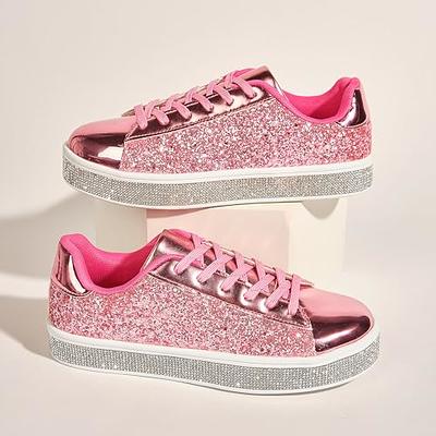 Gubotare Sneakers for Women Womens Glitter Tennis Sneakers Neon Dressy Sparkly Sneakers Rhinestone Bling Wedding Bridal Shoes Shiny Sequin Shoes,White