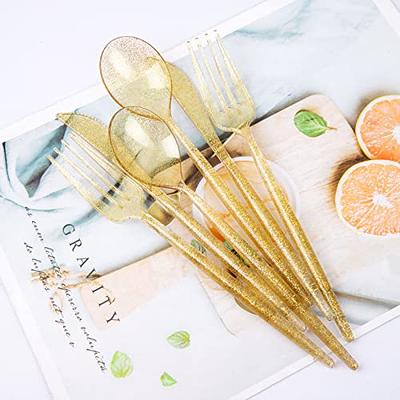 Gold Glitter Plastic Silverware for Weddings, Birthday Party