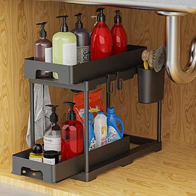 WAKISA Under Sink Organizers 2 Pack, Bathroom Organizers Under Cabinet  Storage, 2 Tier Counter Storage with Drawer/Hooks/Cups, L Shape Large  Capacity
