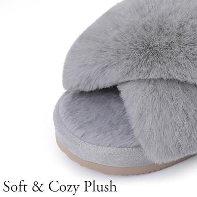  FamilyFairy Women's Fluffy Faux Fur Slippers Comfy Open Toe  Two Band Slides with Fleece Lining and Rubber Sole | Slippers