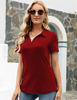  Business Casual Tops For Women,Short Sleeve Polo Shirts V  Neck Collared Work Blouses Slim Fit Elegant Tshirts Rose Red M