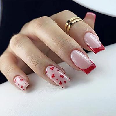 Hot Pink square Glitter Press on Nails with glue kawaii