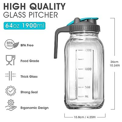 Glass Pitcher with Lid, 2 Quart(64oz) Mason Jar Pitcher with Pour Spout  Handle Lid, Large Wide Mouth Jar Leak-Proof Airtight Water Jug for Sun Tea