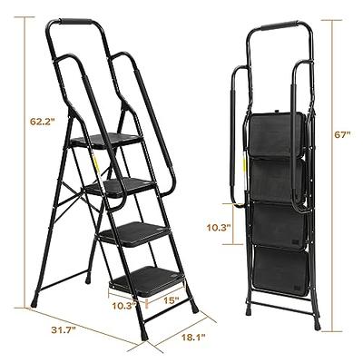 6 Step Ladder, Folding Ladder with Handrails for High Ceilings, Indoor Tall  Ladders with Wide Pedals, Lightweight Aluminum Stepladder for Home 300lbs