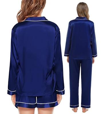 SWOMOG Womens 3pcs Silk Satin Pajama Set Long Sleeve Sleepwear Button Down  Loungewear Pjs Navy Blue - Yahoo Shopping