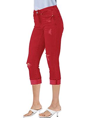 luvamia Women's Casual High Waist Ripped Capri Jeans True Red