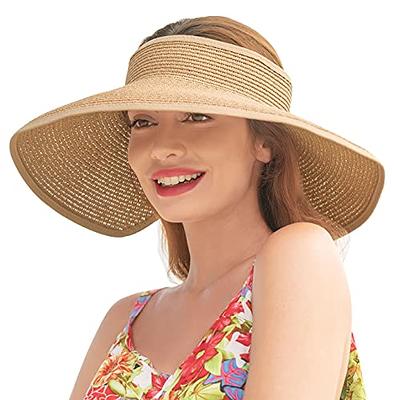 Summer Sun Visors for Women Wide Brim Roll Up Straw Beach Sun