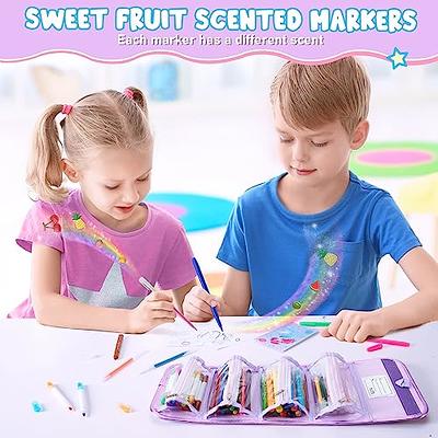 Fruit Scented Markers Set 56 Pcs with Unicorn Pencil Case, Gifts for Girls  Ages 4-6-8, Supplies for Kids Art and Craft Coloring