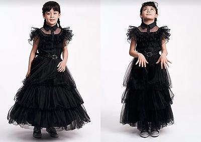 Kids Wednesday Addams Black Dance Dress with Belt Halloween Cosplay Costume