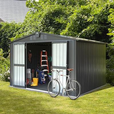 HOGYME 8 x 8 ft. Outdoor Storage Shed, Garden Tool Shed with Double Sliding  Doors, 4 Vents for Backyard Patio Lawn Pool, White+Gray 