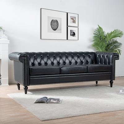 84 PU Leather Seat Cushions Three Seater Sofa Traditional Rolled Arm  Chesterfield Sofa with Wood Legs and Nailheads Finish - Yahoo Shopping