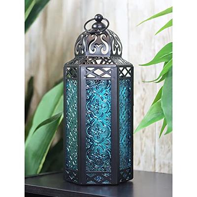 Red Moroccan Lantern with Lights - 11 inch Tall, LED Fairy Lights, Batteries & Timer Included, Black Metal with Colored Glass, Eid & Ramadan Fanoos