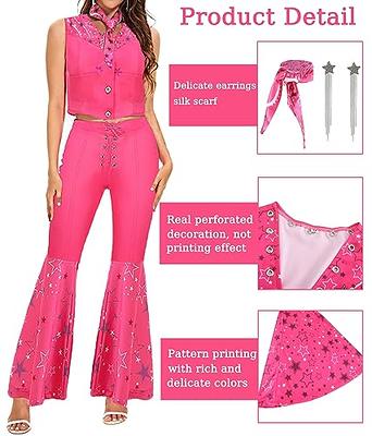 Cowgirl Outfit 70s 80s Hippie Disco Costume Pink Flare Pant Halloween  Cosplay For Women Girl