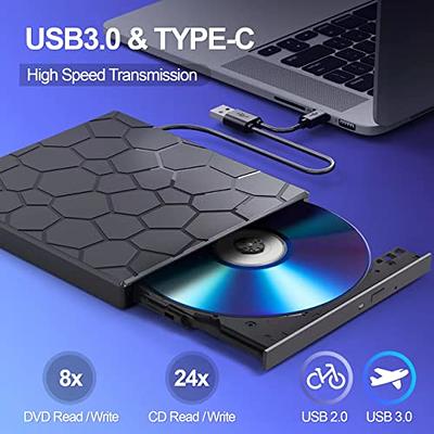  Ultra Slim External 4K UHD HD 3D Blu-ray Disc Player, USB  Type-A & Type-C USB-C 2-In-1 6X BD-R BD-RE DL BDXL 100GB DVD-R M-Disc  Burner Portable Optical Drive, for Windows 10