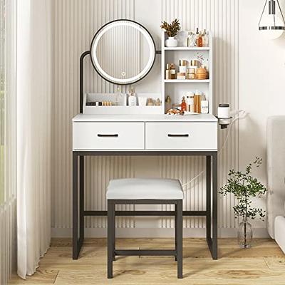 HNEBC Vanity Desk with Plip-up Mirror and Light, Makeup Vanity Table with  Charging Station, White Small Vanity Set has Auto-Sensor/Stool/2