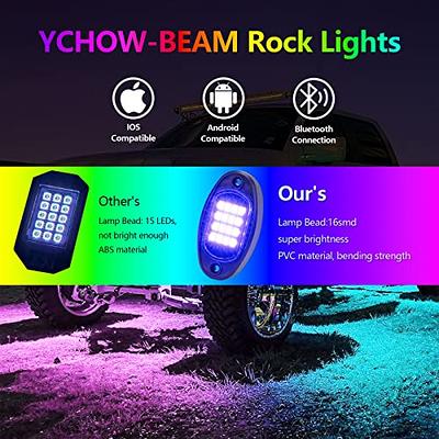 YCHOW-TECH RGB LED Rock Lights Kit, 8 Pods Multicolor Neon LED Light Kit  with Bluetooth Control Music Mode, High Bright Multilcolor Waterproof IP68