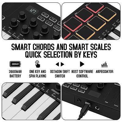 25 Key Bluetooth USB MIDI Keyboard Controller With 8 Backlit Drum Pads,  Portable Rechargeable Dynamic Keybed 8 Knobs and Music Production, Smart
