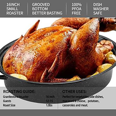  Granite Roasting Pan, Medium 16” Enameled Roasting Pan with  Domed Lid. Oval Turkey Roaster Pot, Broiler Pan Great for Small Turkey,  Chicken, Ham, Dishwasher Safe Fit for Roast 12Lb Bird by