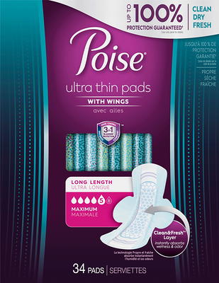 Poise Ultra Thin Incontinence Pads For Women, Moderate Absorbency, Long,  48Ct