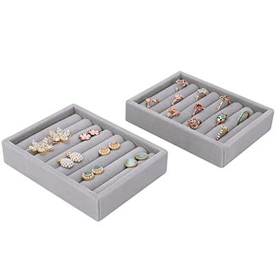 Gray Velvet 24 Grid Stackable Jewelry Tray Display, Ring and Earring  Storage Organizer Drawer (13.5 x 9.5 x 1.2 In)