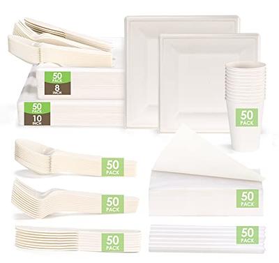 KTCNMER Compostable Party Paper Plates Set -[300 Pcs] 10 inch&8 inch Square Brown Paper Plates Heavy Duty, Utensils and Napkins - Eco Friendly