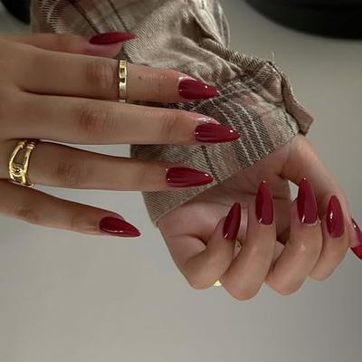 False Nail Salon Set Medium Length Wine Red Nail with Glitter for