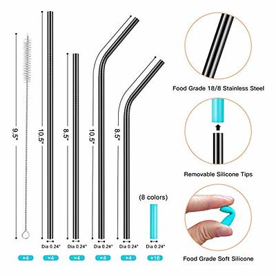 HuaQi Stainless Steel Metal Straws with Silicone Tips Set of 10 Straight Reusable Drinking Straws for Yeti 20oz 30oz Tumblers (10.5'' L 0.24''Dia