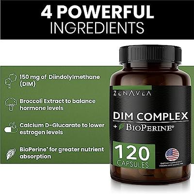 Premium DIM Supplement–Includes 150mg DIM (diindolylmethane), Broccoli,  Calcium D-Glucarate & Bioperine- DIM Capsules for Men & Women–DIM Complex  for