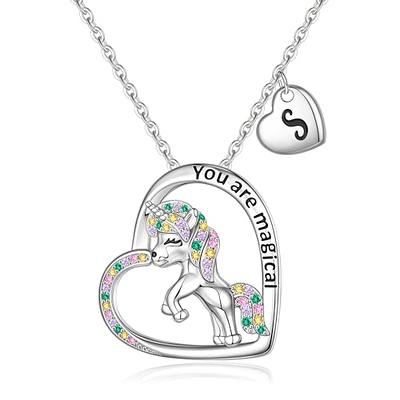 Hidepoo Valentines Day Gifts for Girls - Unicorn Gifts for Girls 14K Gold/White Gold/Rose Gold Plated Colorful CZ Heart Initial Unicorn Necklaces