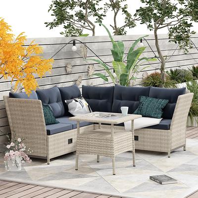 AECOJOY Outdoor Patio Furniture Set, Metal Patio Sectional Conversation  Sofa, Black Wrought Iron Outdoor Furniture Sets Clearance with Grey Cushions